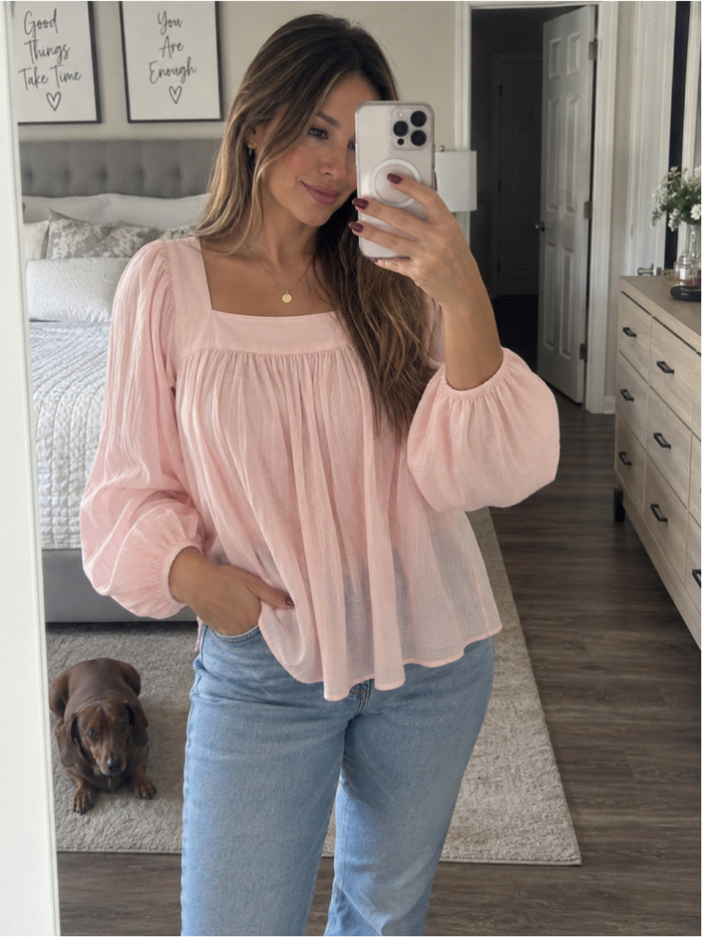 Women's A New Day Long Sleeve Square Neck Blouse Pink Size XS